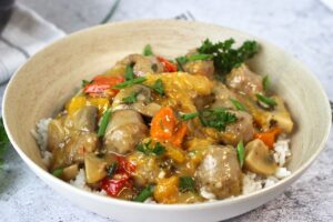 braised sausage with peaches