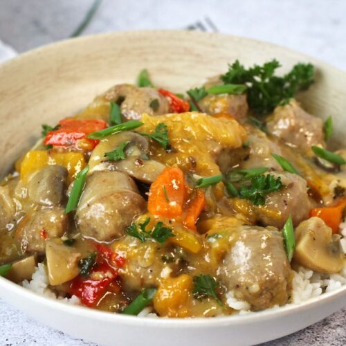 braised sausage with peaches