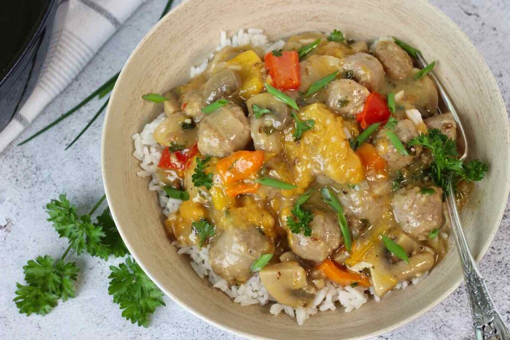 braised sausage with peaches