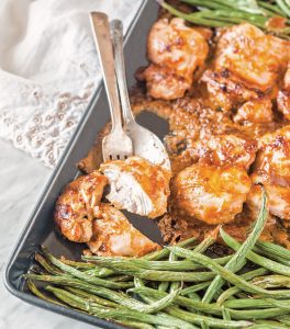 ultimate one pan oven easy chicken thighs in peanut sauce with green beans