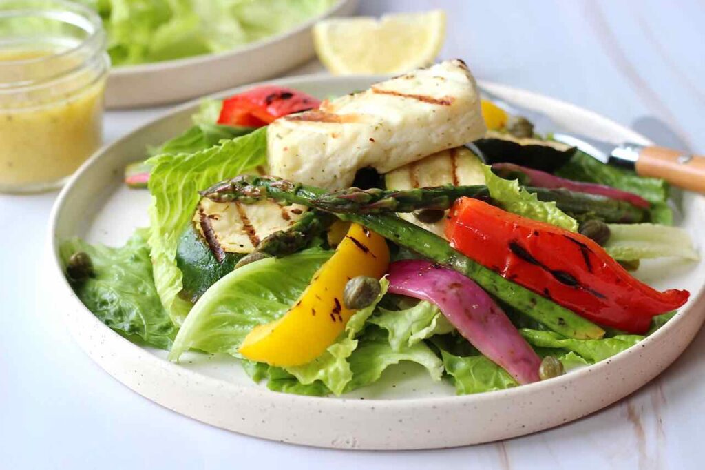 grilled halloumi and vegetable salad