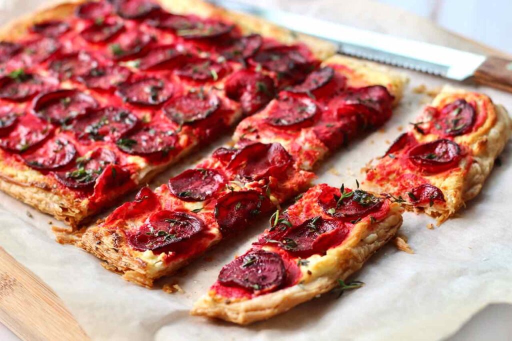 beet and chevre tart with fresh thyme