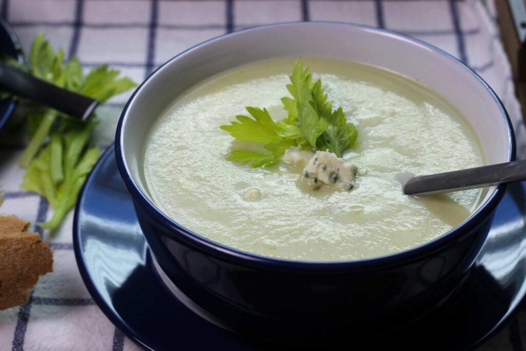 celery and cauliflower soup with bleu cheese