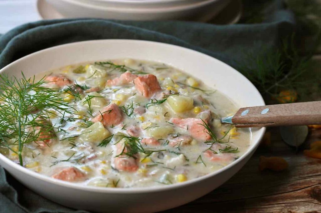 corn chowder with salmon